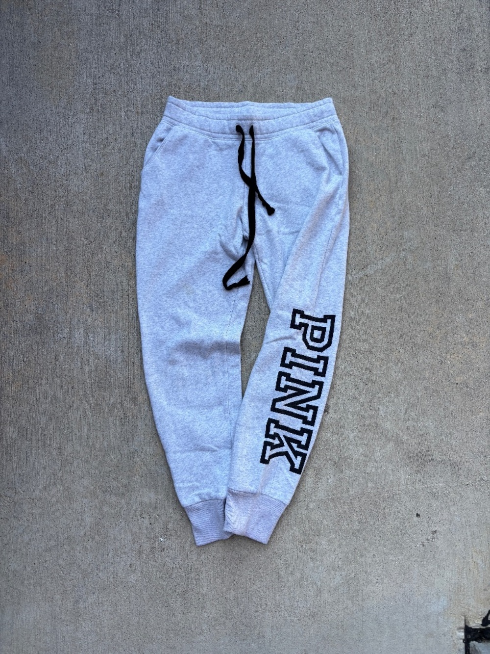 VS PINK Light Grey Fleece Jogger Sweatpants Black Graphic Logo